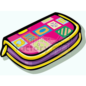 Colorful clipart image of a pencil case with geometric patterns and a zipper, suitable for school supplies.