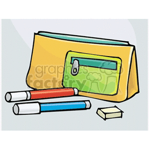 Clipart image of a yellow pencil bag with a blue and red marker, and an eraser, representing back-to-school supplies.