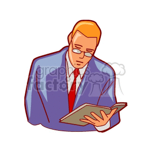 A professional male teacher in a suit and tie, wearing glasses, reading a book with concentration.