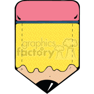 The clipart image depicts a stylized version of a fat, sharpened pencil with a pink eraser. The pencil is predominantly yellow with a textured pattern, hinting at a country or rustic style. The tip of the pencil is black with a white highlight, indicating the graphite or lead used for writing. The simple, cartoon-like design positions this object as an iconic representation of school supplies and education, as well as a tool for writing or drawing.