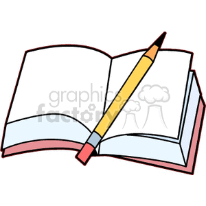 Clipart image of an open book with a pencil laid across the pages, symbolizing education and homework.