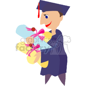 A Graduate in a Blue Cap and Gown Holding Two Scrolls