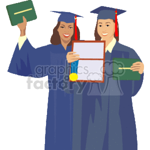 This clipart image depicts two graduates in blue caps and gowns, one holding a diploma with a golden seal and another holding a green folder that seems like it could contain a diploma. Both are wearing graduation caps, and one is also holding a book. They are smiling and appear to be celebrating their academic achievement.