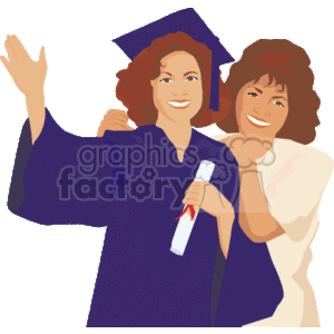   The clipart image shows two individuals, possibly depicting a moment of graduation celebration. One person is clad in a traditional graduation gown and cap in blue with a tassel, indicative of having completed an academic program. This individual is holding a diploma and is waving happily, signifying joy and achievement. The other person, who appears to be a woman, is embracing the graduate from behind, suggesting a relationship of close support, such as a mother being proud of her child