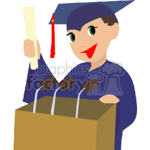The clipart image depicts a person in a graduation cap and gown holding a diploma. Behind them appears to be a podium with microphones, suggesting that they may be giving a speech or have just received their diploma during a graduation ceremony.
