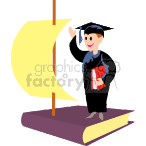 This clipart image depicts a stylized scene involving education and graduation themes. The central figure is a smiling person in graduation attire, complete with a black cap (mortarboard) with a tassel and a black gown. They are standing on an open book with purple and yellow pages, which serves as a metaphorical 'boat' for their educational journey. The graduate is holding a red book and waving their cap in the air in celebration. The 'boat' has a large, yellow sail attached to it, reinforcing the nautical metaphor of setting sail on a new adventure, possibly representing the voyage into the future post-graduation.