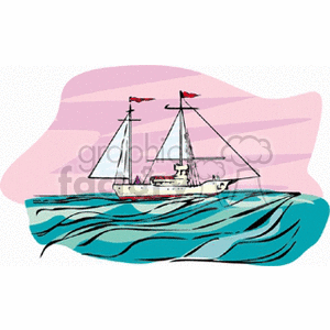 Illustration of a sailing ship on stylized ocean waves with a pink sky background.