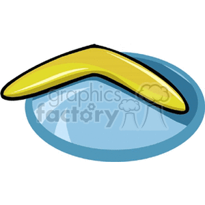 Clipart image of a yellow boomerang resting on a blue surface.