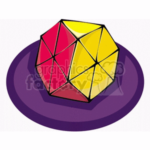 A colorful geometric puzzle with interlocking triangular pieces on a circular purple base.