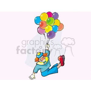 A playful clown holding a bunch of colorful balloons and floating in the air.