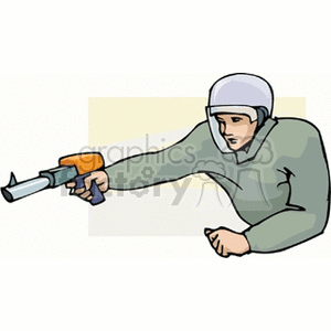 An illustrated person playing paintball, wearing protective gear and aiming a paintball gun.