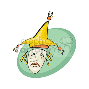 A clipart image featuring a sad face wearing a yellow jester hat with orange accents.