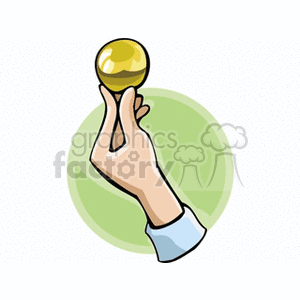 Illustration of a hand holding a small yellow massage ball with a green circular background.