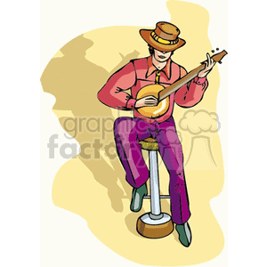 Clipart of a musician playing a banjo while sitting on a stool, wearing a cowboy hat and colorful outfit.