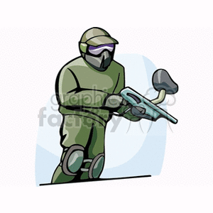 This clipart image depicts a person wearing protective gear and holding a paintball gun, ready for a paintball match.