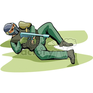 Clipart image of a person in a green outfit lying on the ground holding a paintball gun, wearing protective gear including a helmet with a face mask.