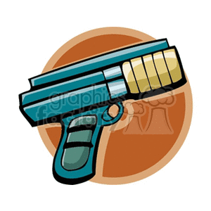 A clipart image of a paintball gun featuring a teal body, a yellow paintball hopper, and positioned in front of a brown circular background.