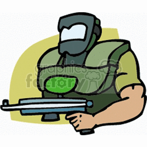 Clipart image of a person wearing protective gear, including a mask and vest, holding a paintball gun.