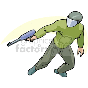 A clipart image of a person wearing protective gear, holding a paintball gun in an action pose.