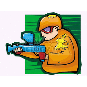 A colorful clipart image of a person in orange protective gear holding a paintball gun, with a green background.
