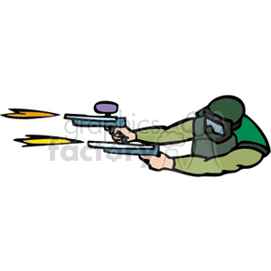 A clipart image of a person dressed in protective gear playing paintball, aiming and firing 2 paintball guns