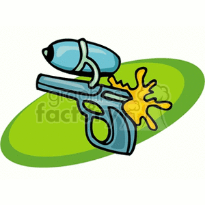A clipart image featuring a blue paintball gun with a yellow paint splatter in the background, set against a green oval.