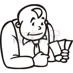 A black and white clipart image of a person holding playing cards, commonly associated with gambling or poker themes.