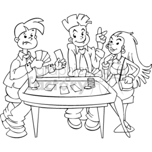 Clipart image of three animated characters at a poker table, with one holding cards and poker chips visible on the table.