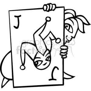 Black and white clipart of a jester holding a joker card, illustrating a playful and mischievous theme related to gambling and casinos.