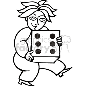 A stylized, black-and-white clipart image of a cartoon person holding a large die.