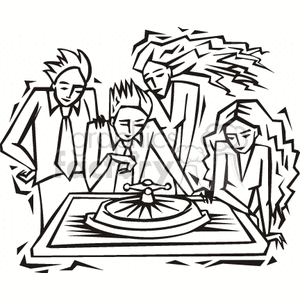 Black and white clipart image of four people gathered around a roulette table, depicting a casino scene.