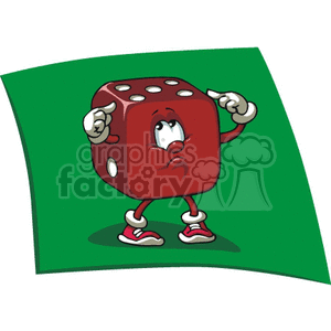 Cartoon illustration of a red dice character standing on a green surface, looking puzzled.