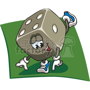 Clipart of a cheerful, animated dice character with arms and legs, wearing shoes, walking on a green surface.