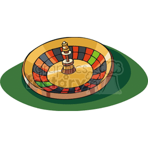 Clipart image of a casino roulette wheel on a green surface.