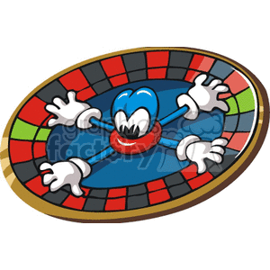 A playful cartoon character embedded in a colorful roulette wheel, representing a fun and entertaining gambling theme.