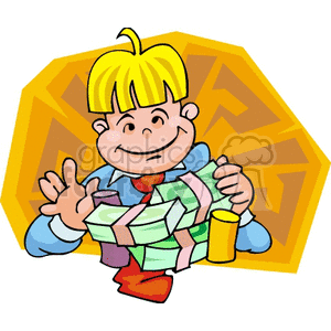 A cheerful cartoon character holding stacks of money in a festive casino setting.