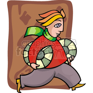 A colorful clipart illustration of a person running with oversized poker chips, set against a stylized background.