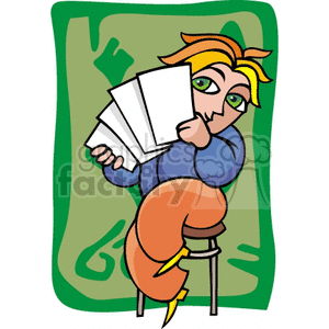 A stylized cartoon character holding playing cards, sitting on a stool against a green background.