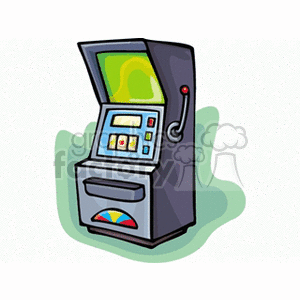 Clipart image of a slot machine with a lever and spinning reels, typically found in casinos.