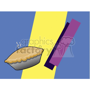 A clipart image featuring a steaming pie and two abstract rectangular shapes on a background with blue and yellow colors.