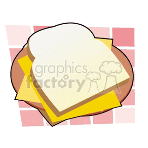 Clipart image of a sandwich with two slices of white bread and a slice of cheese on a plate, placed on a tile-patterned background.