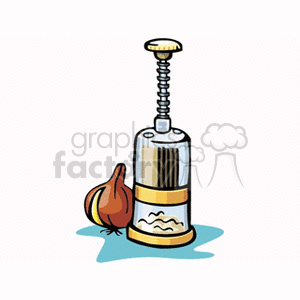 A clipart image of a garlic grinder with a garlic bulb next to it.