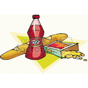 Clipart image of a soda bottle, a baguette, and an open box of crackers.