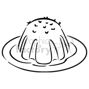 The image appears to be a simple black and white line art clipart of a bundt cake or molded dessert placed on a plate. The cake has visible drizzles that may represent icing or syrup, and there are small decorative elements on top, which could be interpreted as sprinkles or garnishes.