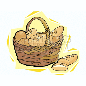 Clipart image of a basket filled with various types of bread, with one loaf partially outside the basket.