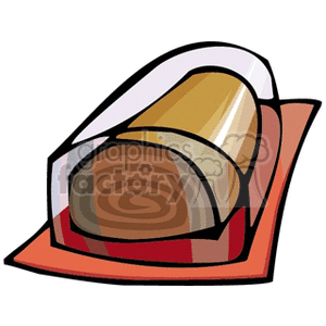 Clipart image of a Swiss roll (jelly roll) partially wrapped in transparent packaging.