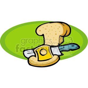 A clipart image of a slice of bread, a piece of cheese, and a knife on a green background.