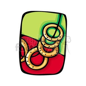 Clipart image of onion rings hanging on a green and red background.