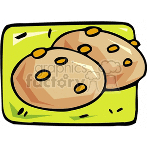 A clipart image of two chocolate chip cookies on a green background.