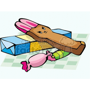 An illustration of a chocolate bar shaped like a bunny, with colorful candy and a rectangular box.